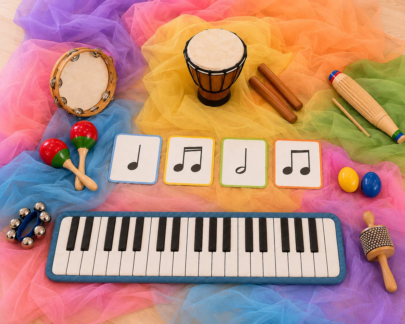 Colourful arrangement of musical instruments